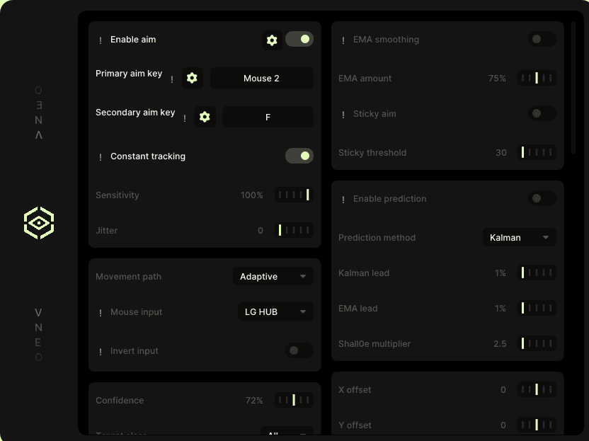 VNEO desktop settings interface with dark panels and sage controls